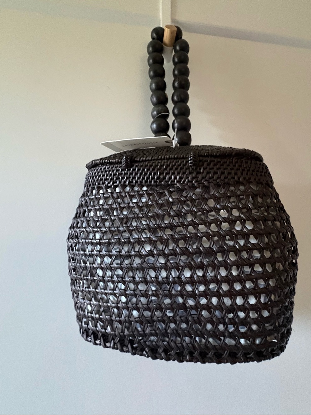 NWT Anthro Black 100% Rattan Woven Bead-Handle Tote - Picture 3 of 13
